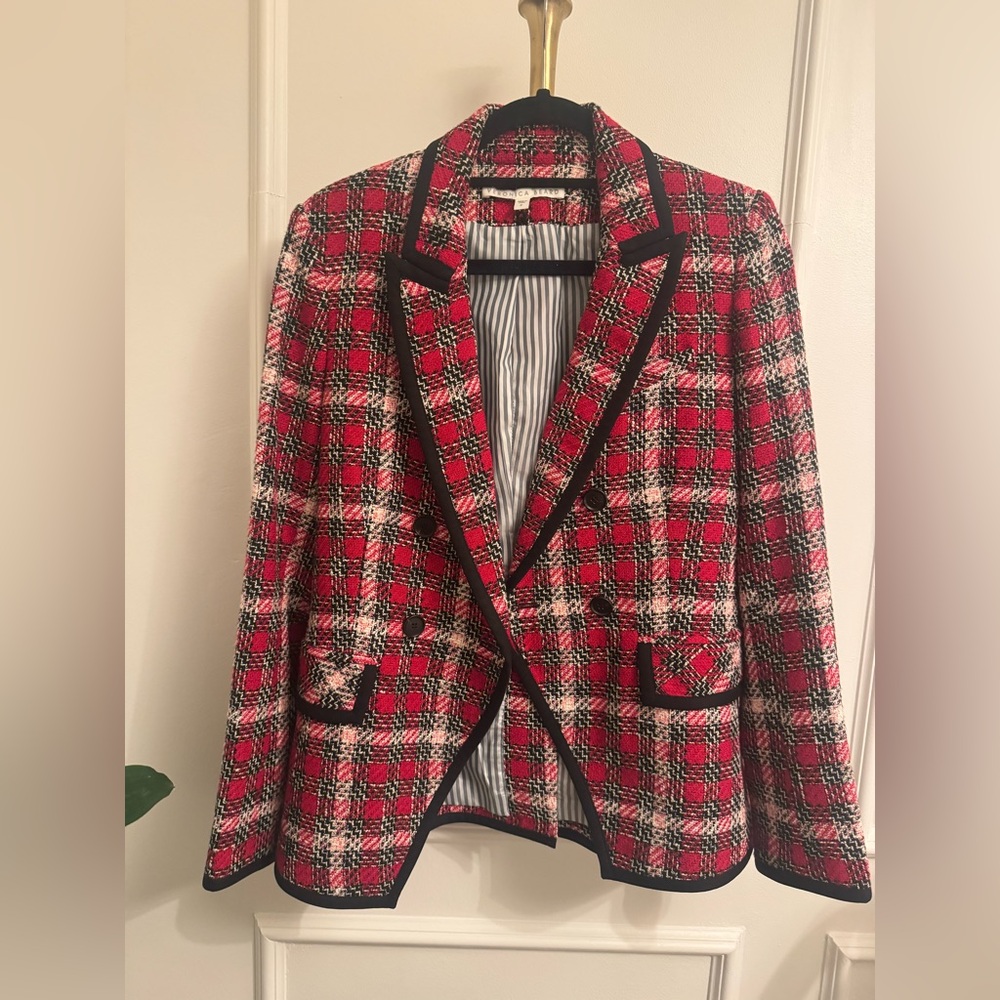 Veronica Beard Red Black Plaid Tweed Blazer